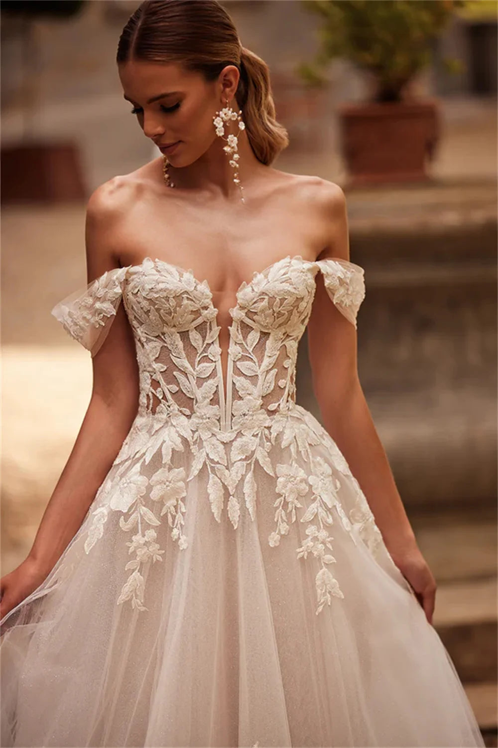 Charming Off The Shoulder 3D Flower Lace Applique A Line Wedding Dresses Custom Made 2025 Rode De Morrie
